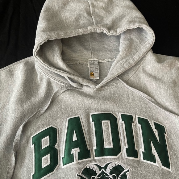 #292 BADIN RAMS HOODIE. Gray in color with awesome patch embroidered logo. - Picture 3 of 14
